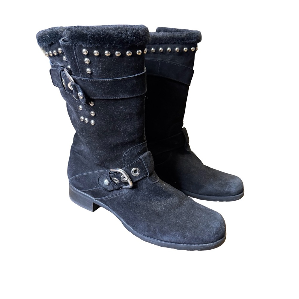 ✨ STUART WEITZMAN Black Studded Suede Moto Biker Boots 7.5M ✨